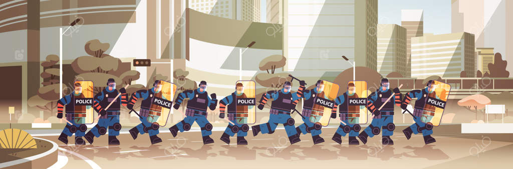 پلیس‌های مجهز به سپر و باتوم: افسران پلیس ضد شورش آماده در مقابل تظاهرکنندگان - کنترل اعتراضات در شهر