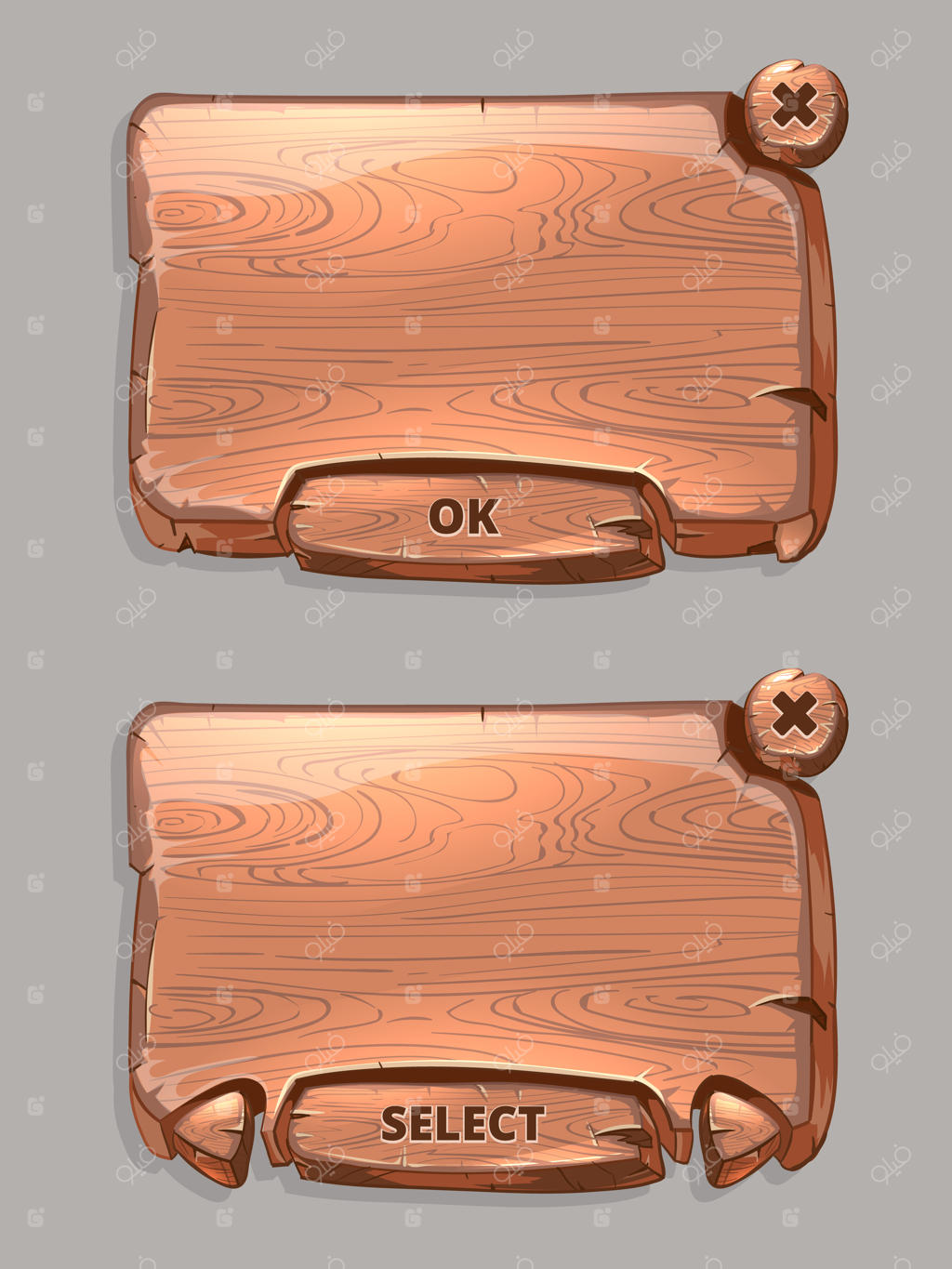پنل‌های چوبی وکتوری برای رابط کاربری بازی به سبک کارتونی: بافت، دکمه‌های انتخاب و تأیید