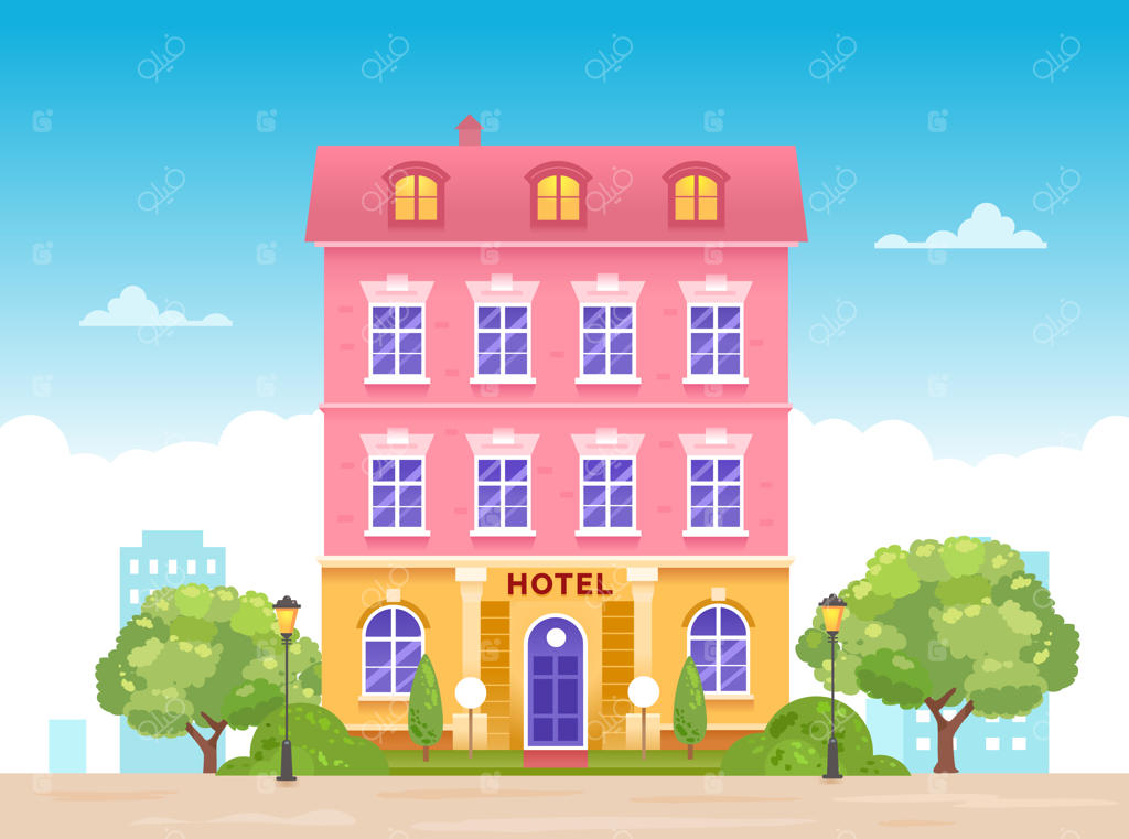 ساختمان هتلی با جاده‌ای مشجر و چراغانی در ورودی بر روی زمینه سفید