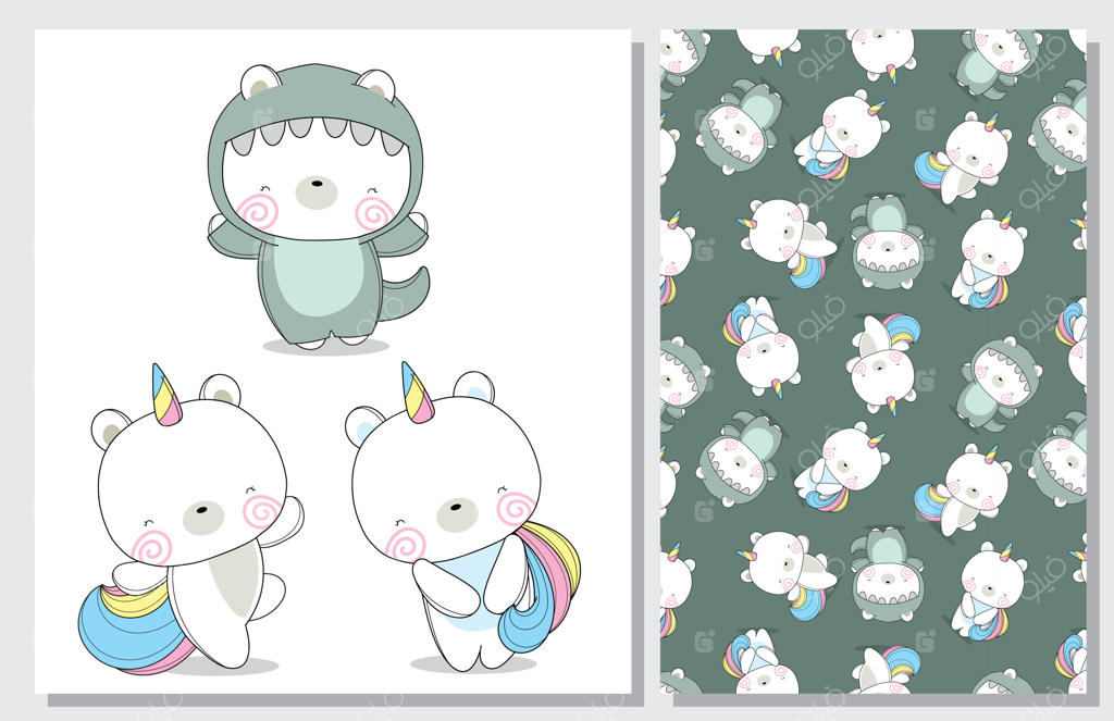 مجموعه فانتزی و بامزه از تصاویر تک‌شاخ و خرس با الگوی یکپارچه