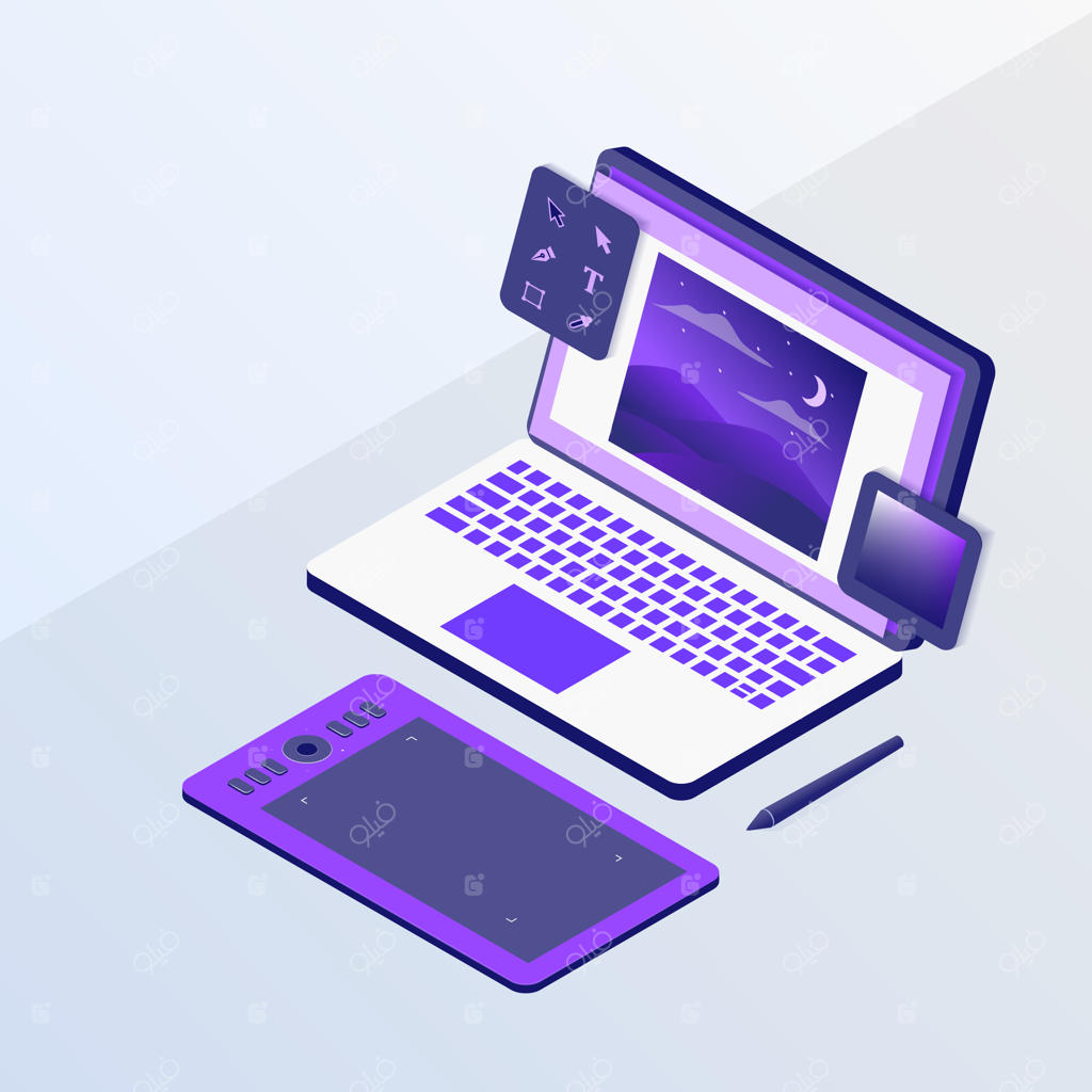 مفهوم طراحی گرافیک یا طراح با لپ‌تاپ و ابزارهای قلم دیجیتال در سبک ایزومتریک