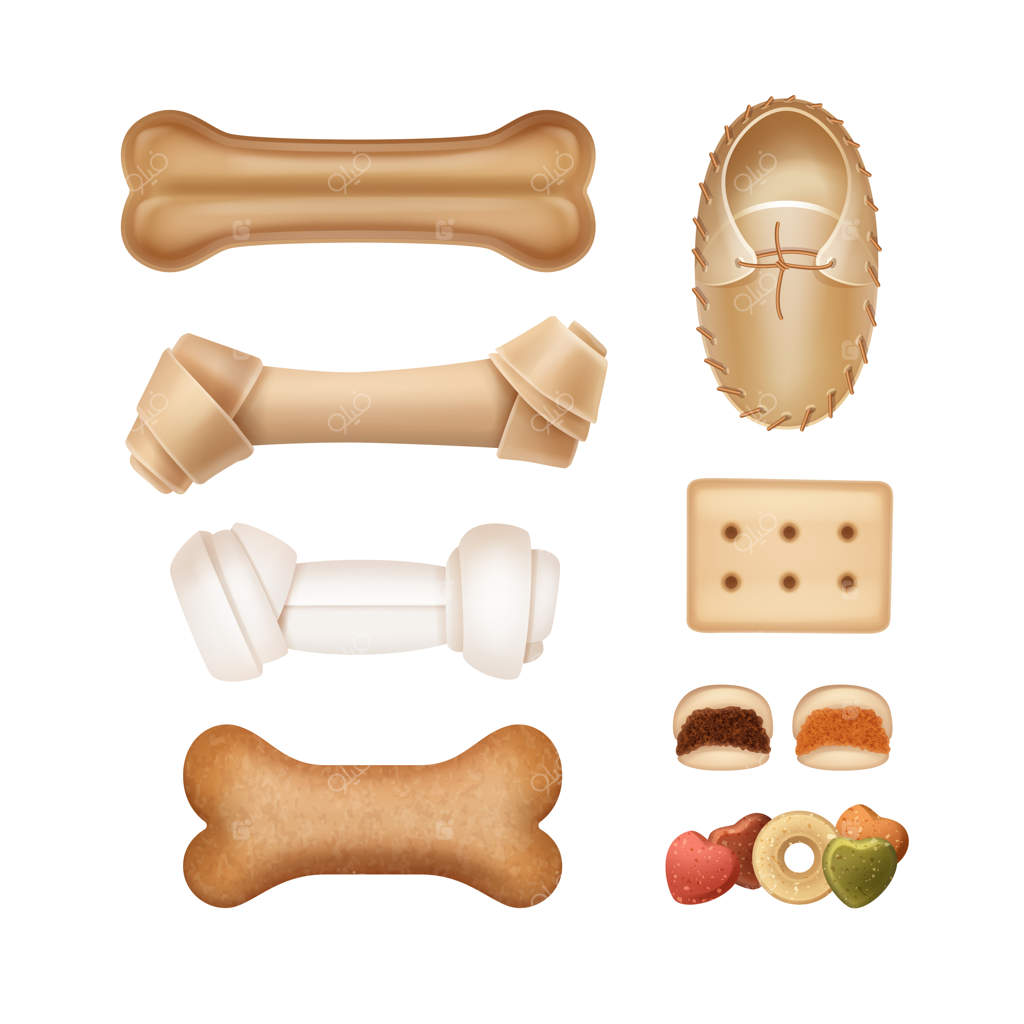 تصویر استخوان‌ها و خوراکی‌های مخصوص حیوانات بر روی زمینه سفید