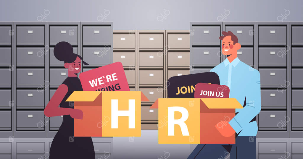 زوج مدیران منابع انسانی از نژادهای مختلف با جعبه‌های مقوایی - مفهوم استخدام منابع انسانی بایگانی و ذخیره‌سازی داده‌ها راه‌حل مناسبی برای ذخیره اطلاعات در کابینت بود. 