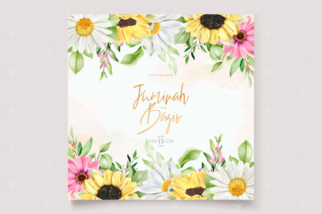 مجموعه کارت دعوت با طرح دستی گل آفتابگردان و گل مینا