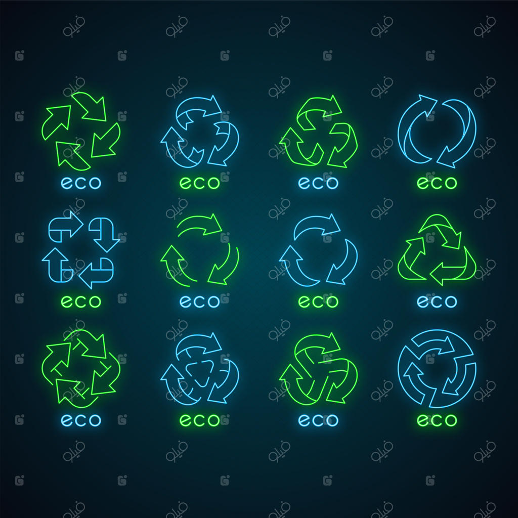 مجموعه آیکون‌های نئون برچسب‌های زیست‌محیطی: نشانه‌های بازیافت، انرژی‌های جایگزین، نمادهای حفاظت از محیط‌زیست، محصولات بدون زباله و ارگانیک. علائم درخشان وکتور.