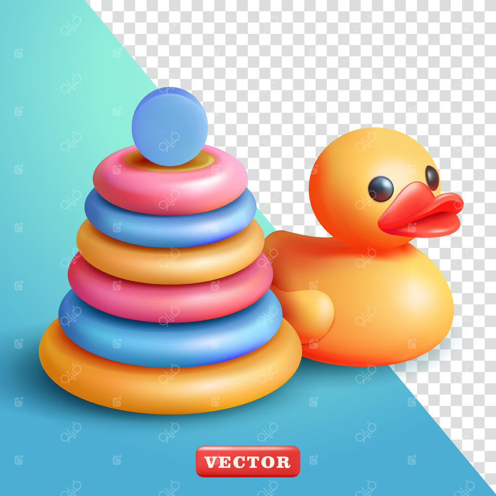 اسباب‌بازی حلقه‌های تودرتو و اردک پلاستیکی کودک، ۳بعدی. مناسب برای طراحی المان‌ها