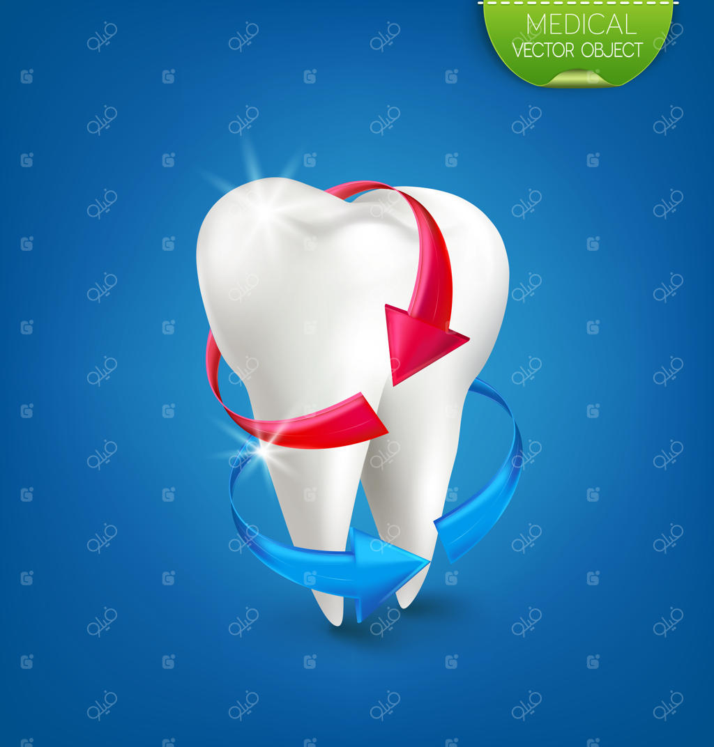 تصویرسازی: دندان سفید روی زمینه آبی با یک فلش قرمز و آبی.