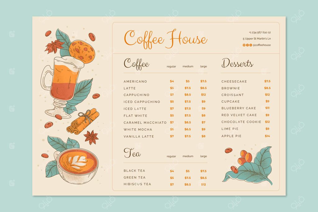 قالب منوی کافی‌شاپ با طراحی دستی