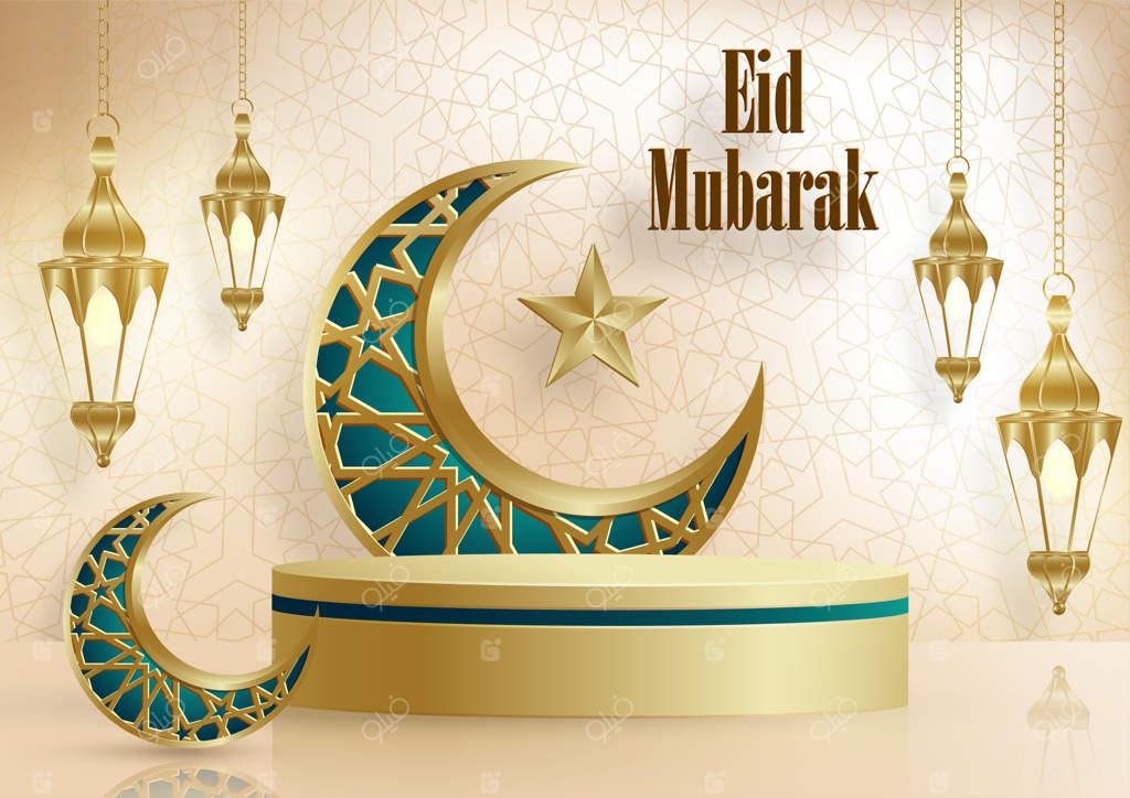 سکوی گرد سه‌بعدی اسلامی با طرح طلایی برای عید مبارک، رمضان کریم، محرم یا افطار
