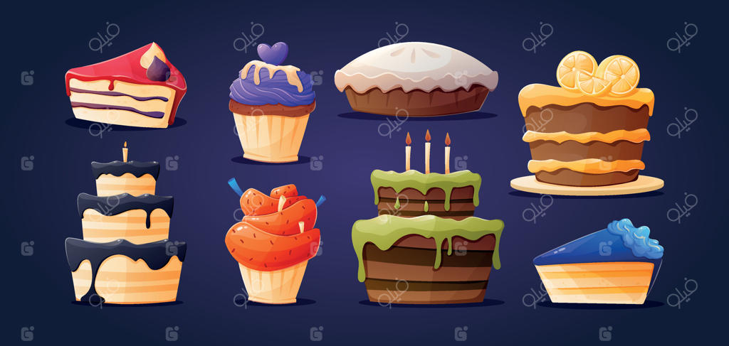 مجموعه‌ای از کیک‌ها و تارت‌های رنگارنگ و شیرین، تصویرسازی‌های کارتونی و اشتهابرانگیز برای جشن‌ها.