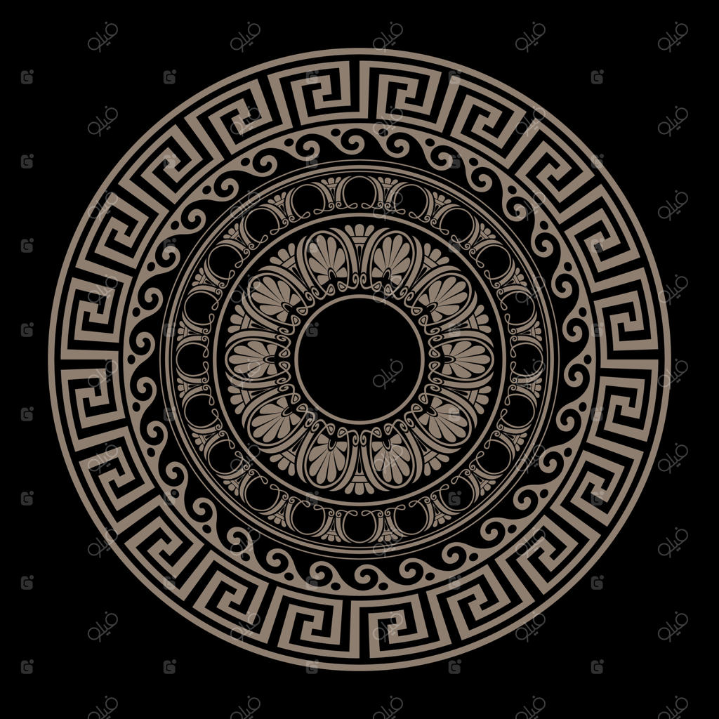 قاب دایره‌ای کلاسیک طلایی با نقش‌های یونانی و رومی باستان. طرح‌های موجی و بته‌جقه. قاب دایره‌ای باستانی یونانی و اروپایی. موتیف‌های معمولی مصری، آشوری و یونانی.