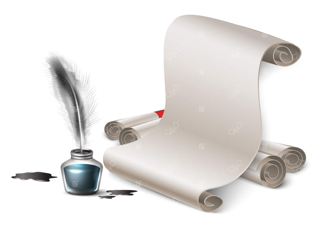 بطری جوهر شیشه‌ای و پر سیاه با کاغذ آنتیک قدیمی