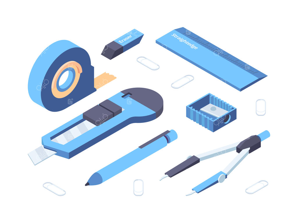 لوازم اداری. مجموعه تصاویر ایزومتریک از نوار چسب، کاتر، تراش، خودکار، مداد، پاک‌کن و خط‌کش
