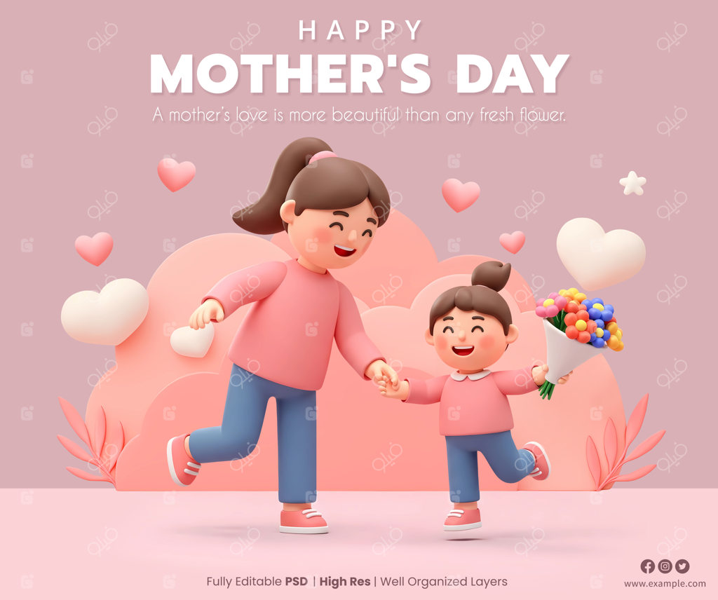 قالب تبریک روز مادر با شخصیت‌های کارتونی و سه بعدی مادر و دختر با دسته گل