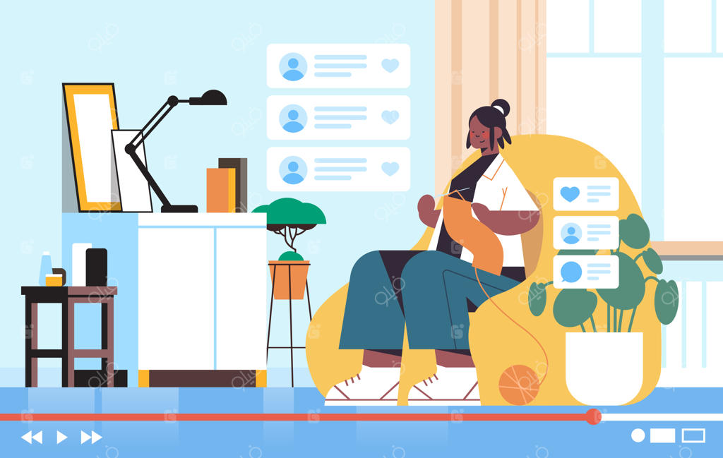 بلاگر زن در حال بافتن شال: ضبط ویدیو بلاگ زنده در حال پخش آنلاین، دختر ولاگر آفریقایی-آمریکایی در اتاق نشیمن