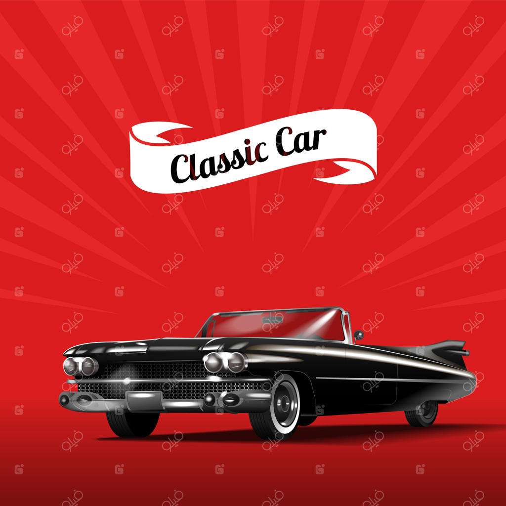 ماشین کلاسیک مشکی در زمینه قرمز