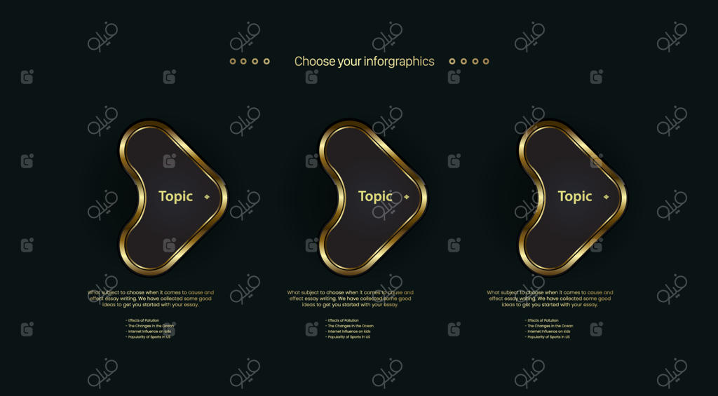سه پیکان با طراحی شکل‌های طلایی، گزینه‌هایی برای پس‌زمینه تیره. ۳ بنر یا دکمه وب پریمیوم برای مراحل و فرآیند کاری. وکتور مراحل طلایی.