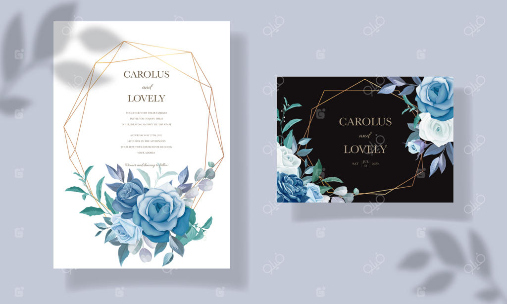 مجموعه قالب دعوتنامه عروسی با دسته گل و حاشیه آبی زیبا