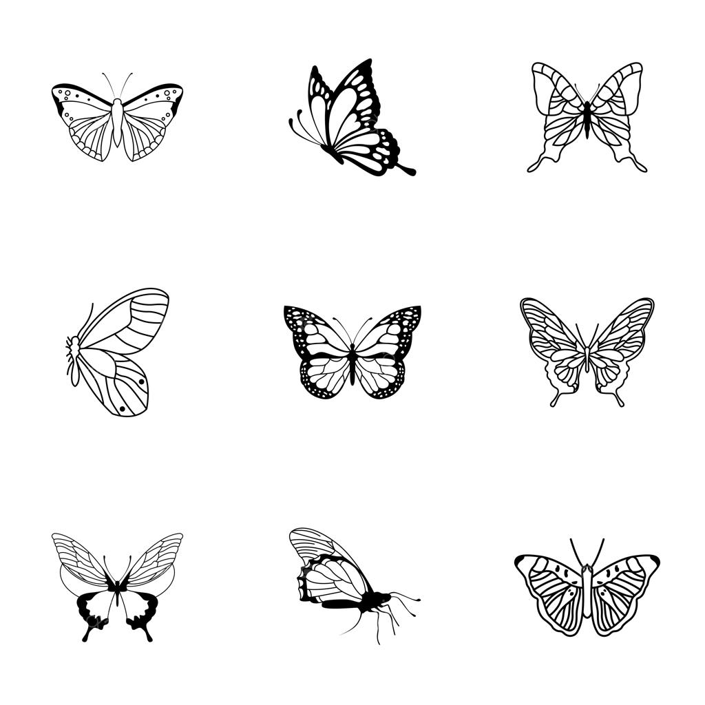 مجموعه وکتور پروانه؛ تصویرسازی شکل ساده پروانه با المان‌های قابل ویرایش، مناسب برای طراحی لوگو