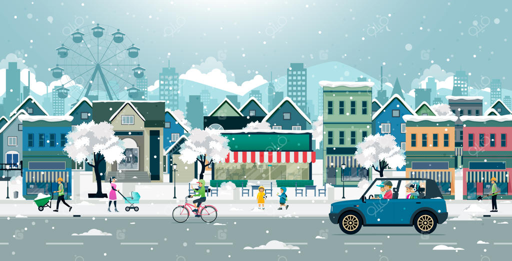 پدر خانواده‌اش را در یک جاده برفی شهر می‌راند.