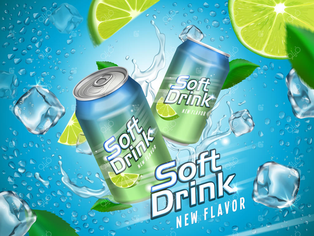 نوشابه در قوطی فلزی با عناصر لیمو و یخ، پس‌زمینه آبی روشن