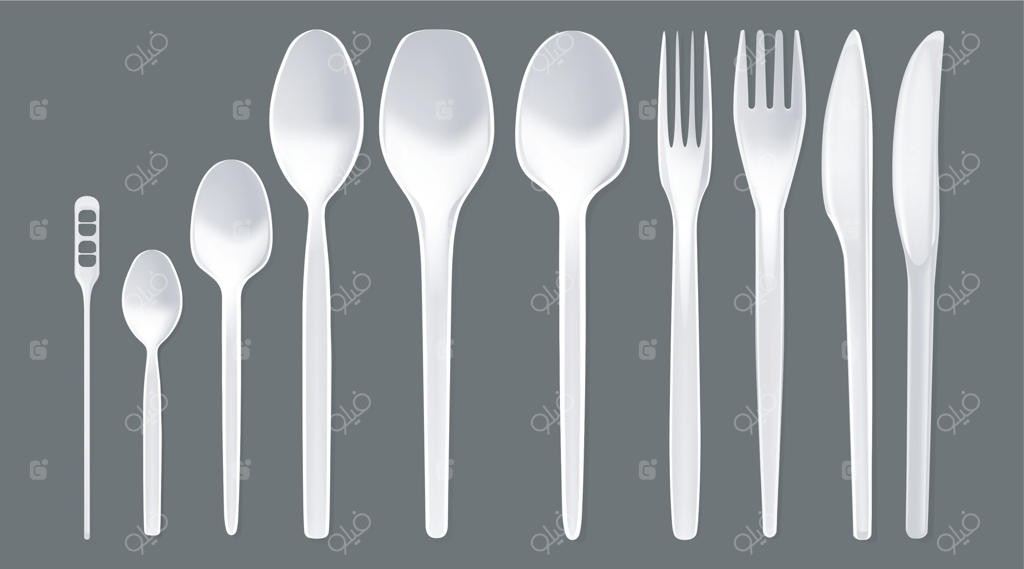 مجموعه‌ قاشق و چنگال یکبار مصرف سه‌بعدی با جزئیات واقعی (وکتور)