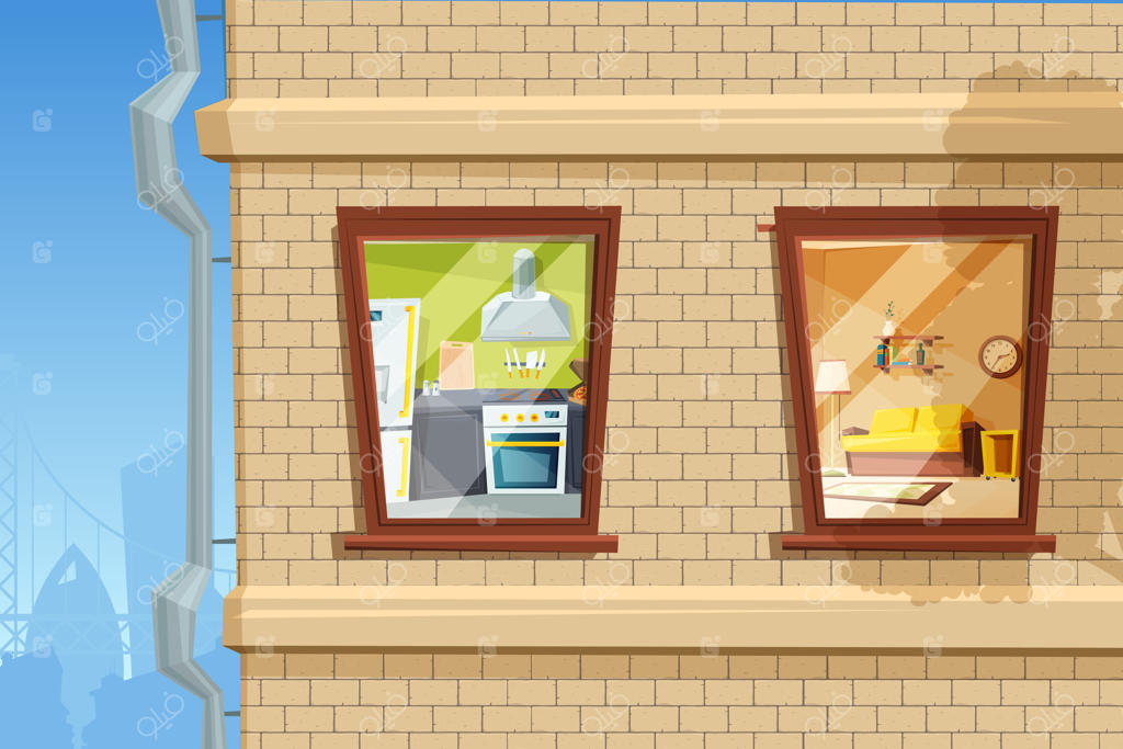 بخشی از نمای خانه با پنجره‌های متفاوت. فضای داخلی اتاق نشیمن و آشپزخانه