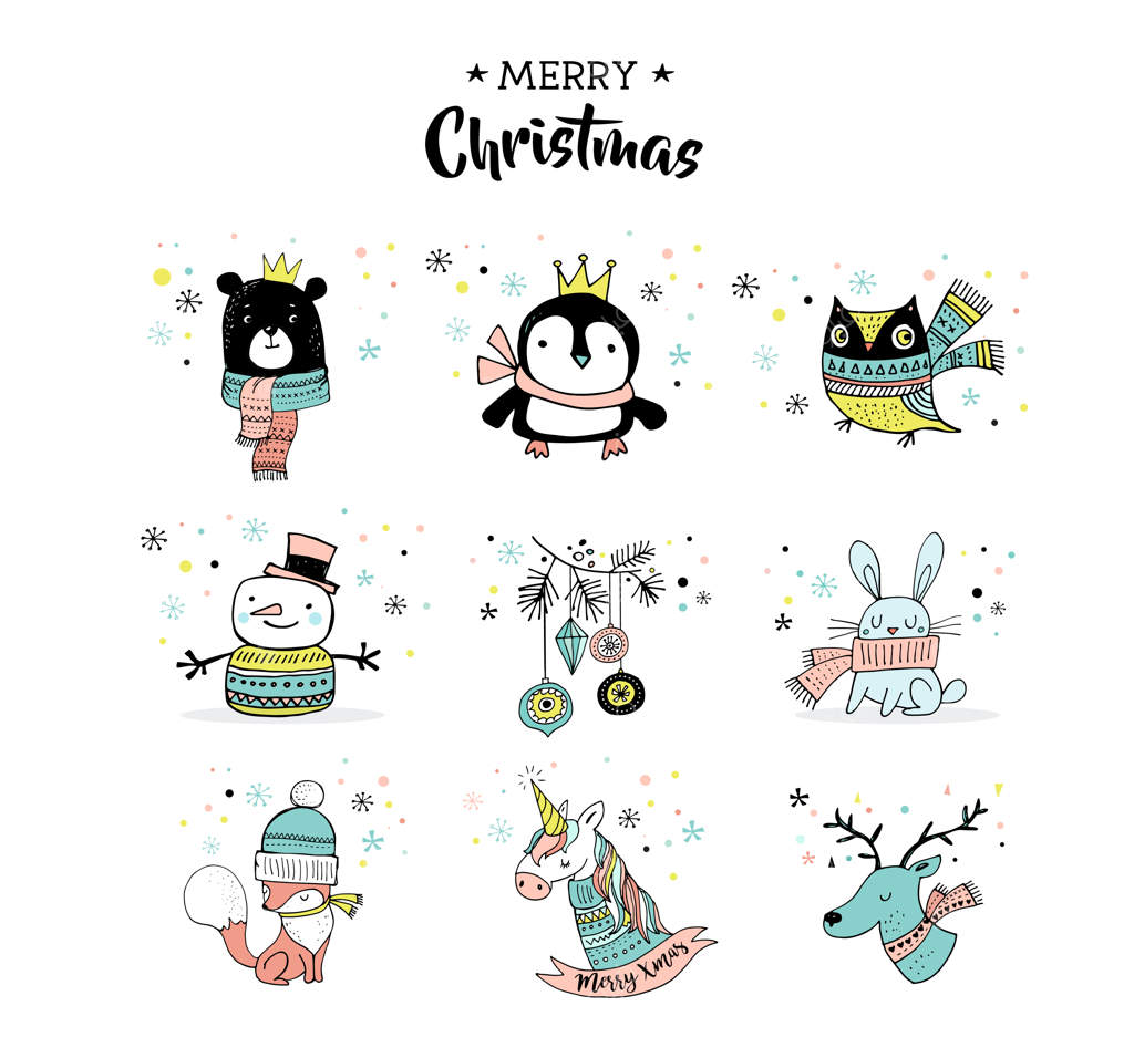 تصاویر دستی و بانمک کریسمس: برچسب‌ها، نقاشی‌ها و طراحی‌ها. پنگوئن، خرس، جغد، گوزن و اسب تک‌شاخ