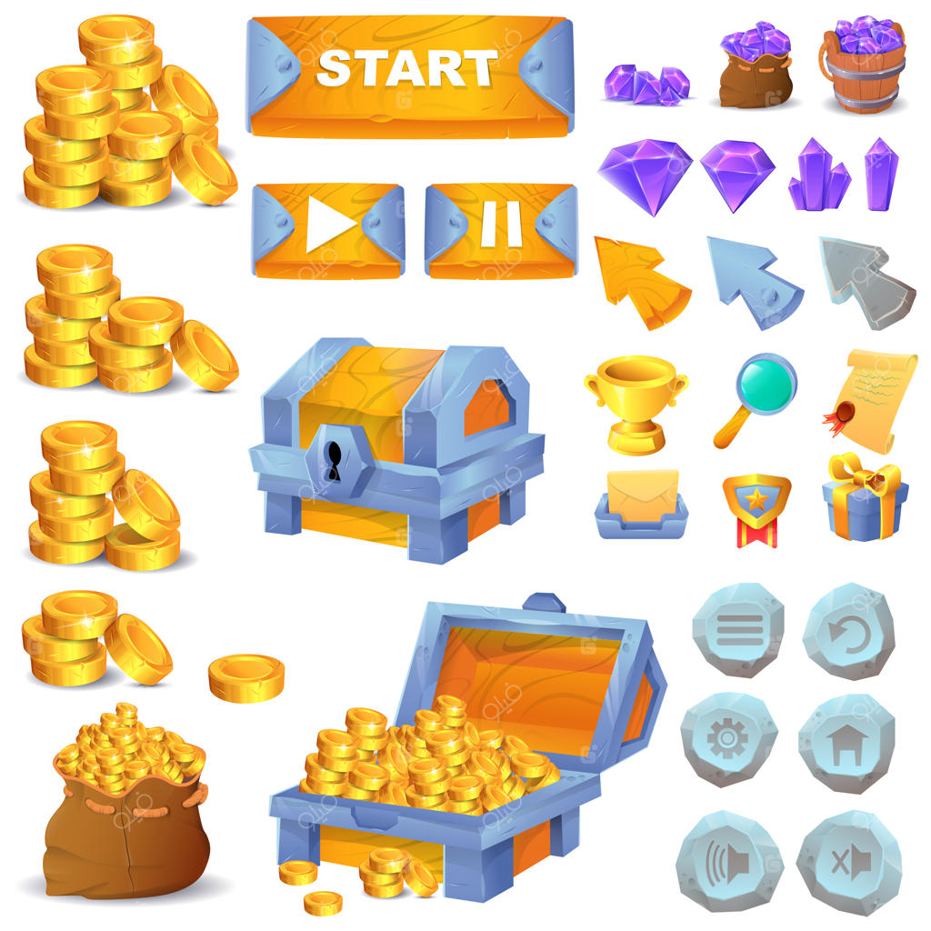 مجموعه‌ای از المان‌های رابط کاربری: کریستال کارتونی، پول، دکمه‌های بازی، نشانگرها، و گنجینه