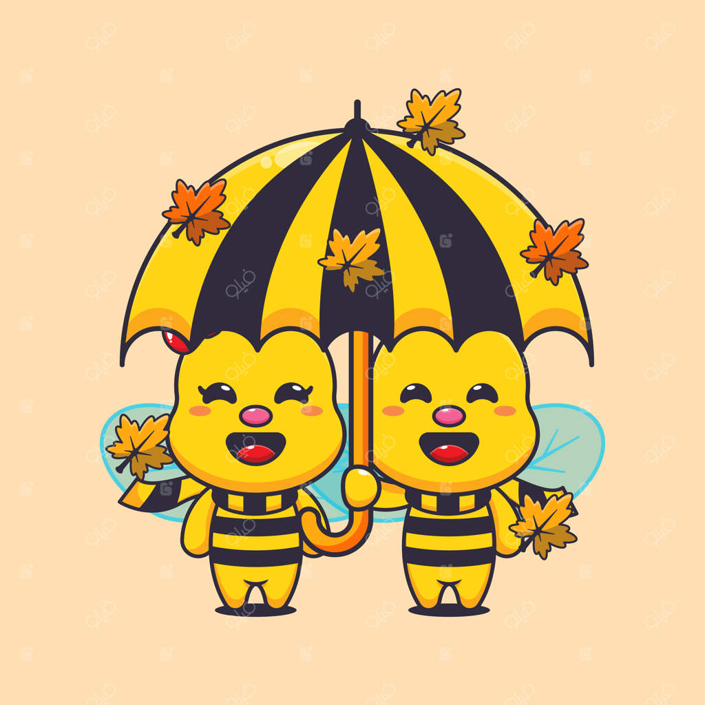 زنبورهای بامزه در حال قدم زدن با چتر در فصل پاییز