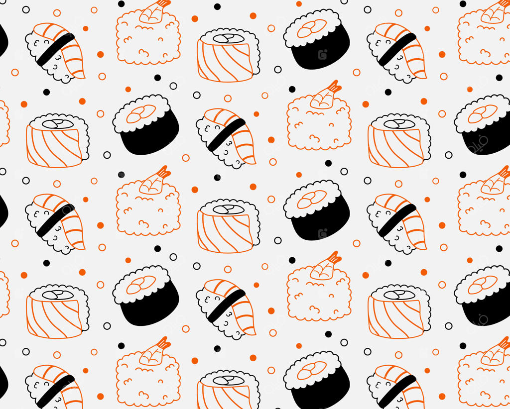 طرح منسجم سوشی روی زمینه سفید - نقاشی فانتزی از غذای آسیایی