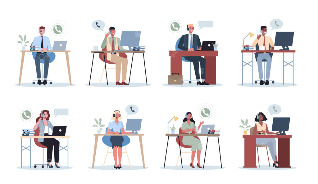 کارمندان تجاری با هدست: مفهوم دفتر مرکز تماس. شخصیت‌های زن و مرد در حال صحبت با مشتری یا همکار. ایده‌ پشتیبانی مشتری. کار کمکی.