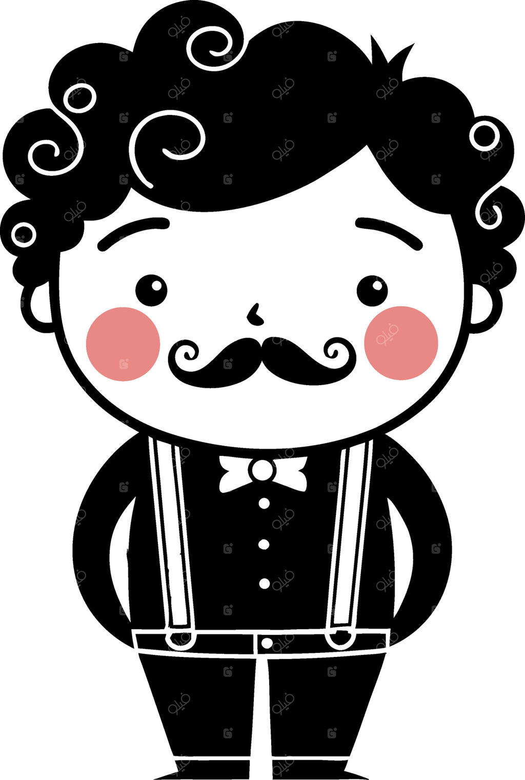 مرد جذاب با استایل وینتج، موهای فر و سبیل، با پاپیون و بند شلوار