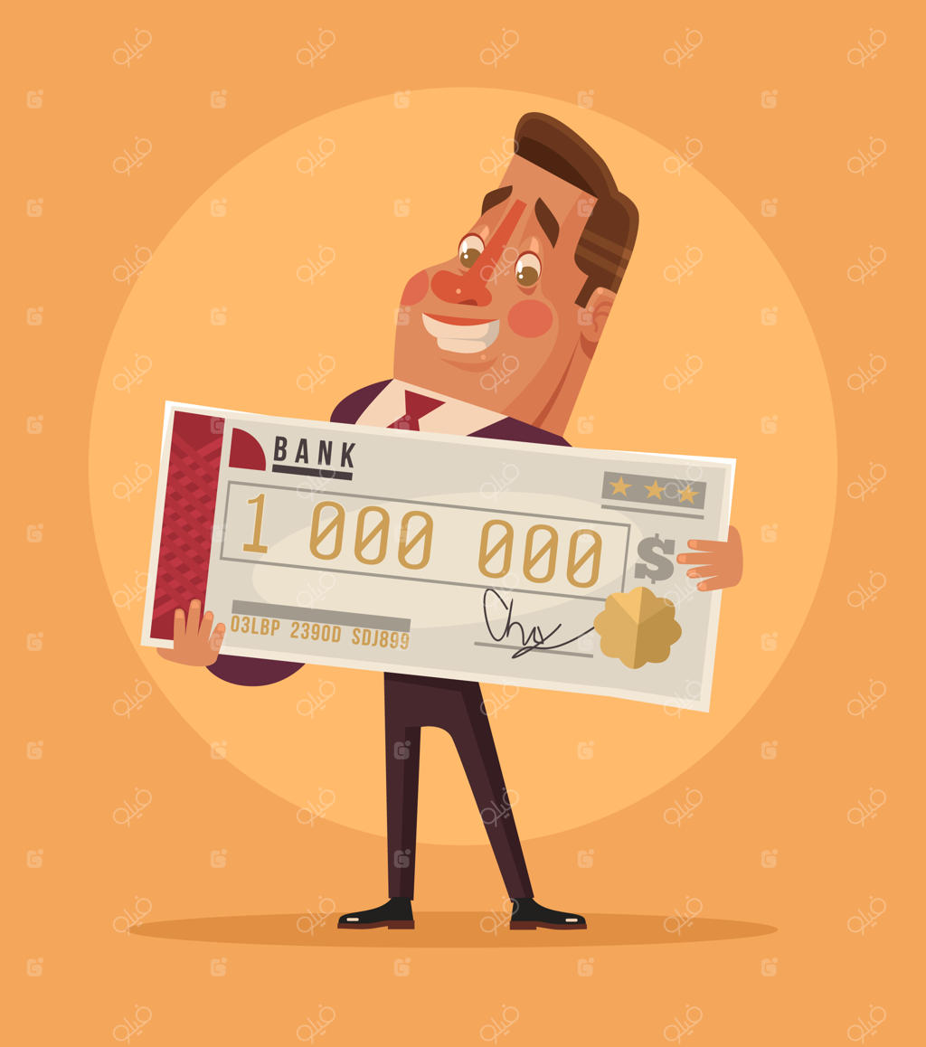 شخصیت برنده‌ی خوشحال که چک طلایی در دست دارد - تصویرسازی کارتونی