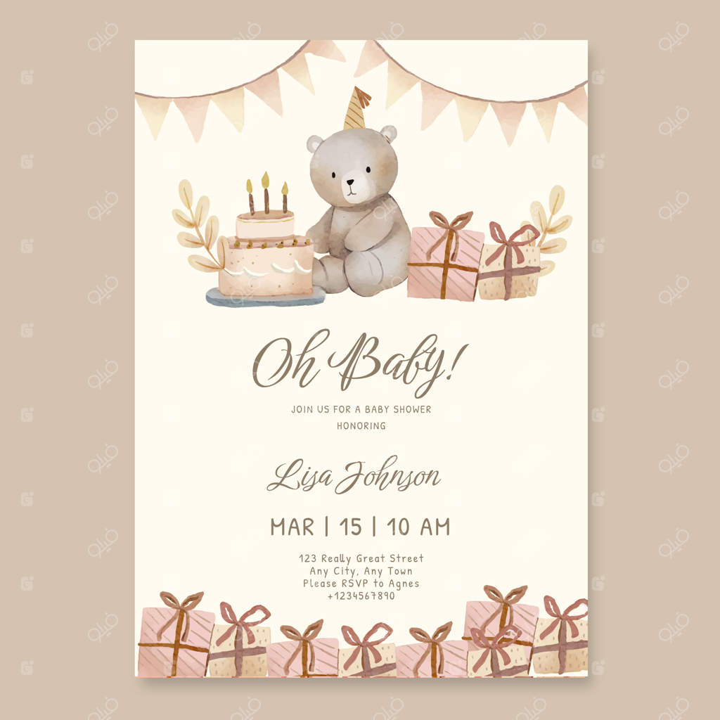 قالب دعوت‌نامه حمام نوزاد با تم خرس تدی