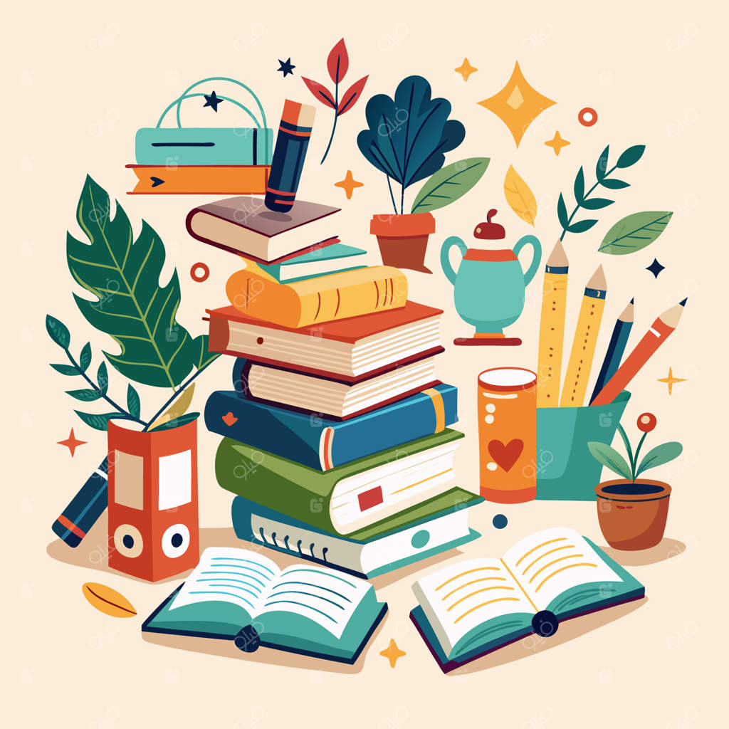 تصویرسازی خلاقانه و رنگارنگ آموزشی با کتاب‌ها و لوازم‌التحریر مدرسه