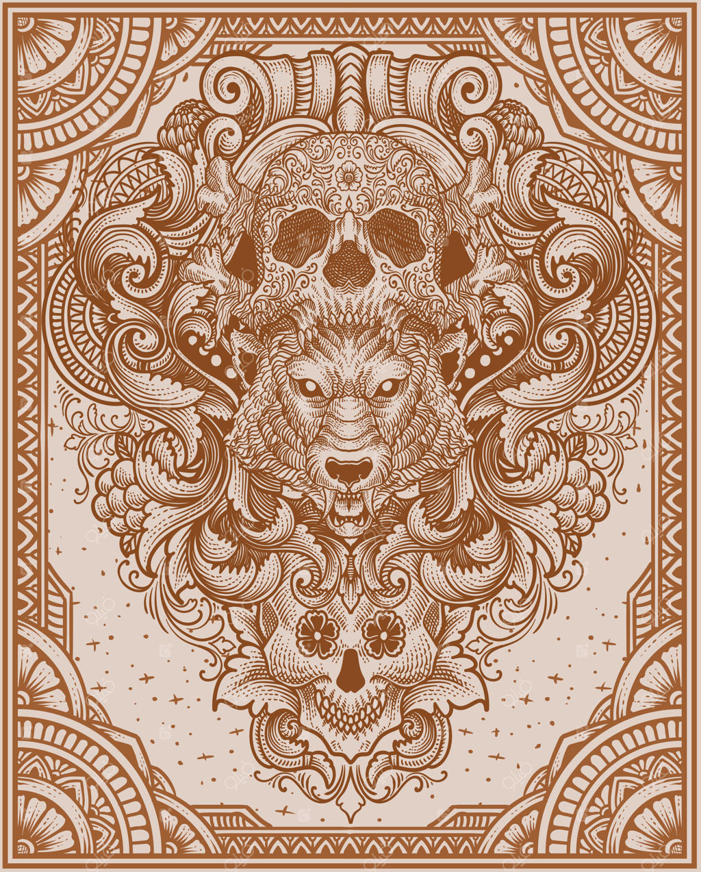 تصویر سر گرگ با کلاه جمجمه و حکاکی قدیمی زیبا