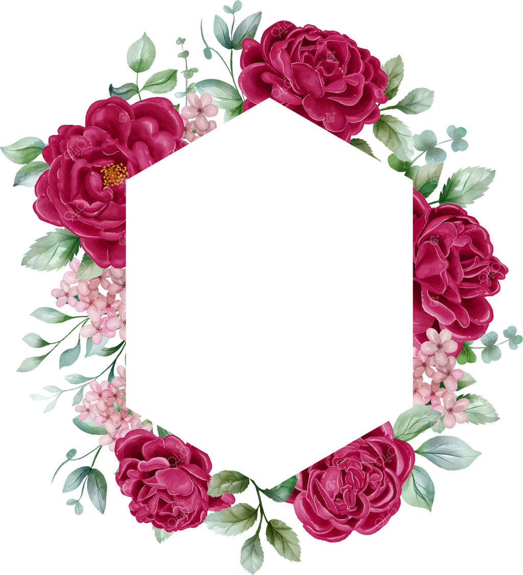 کارت دعوت عروسی با قاب گل صد تومانی زرشکی و برگ‌ها و توت‌ها روی زمینه سفید برای طراحی و چاپ کارت‌ها و دعوت‌نامه‌ها