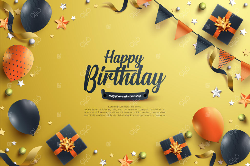 جشن تولد با پرچم‌های رنگی و جعبه هدیه سه‌بعدی