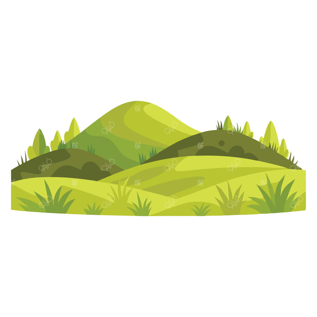 تصویرسازی وکتور فلت از منظره تپه‌ها و چمن‌زار با علف‌های وحشی، ایزوله شده در پس‌زمینه سفید
