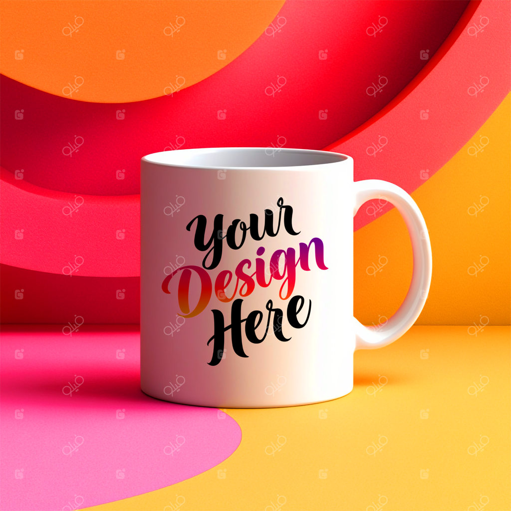 موکاپ ماگ سرامیکی سفید با فضای طراحی قابل ویرایش و پس‌زمینه انتزاعی با لایه‌های رنگی جذاب