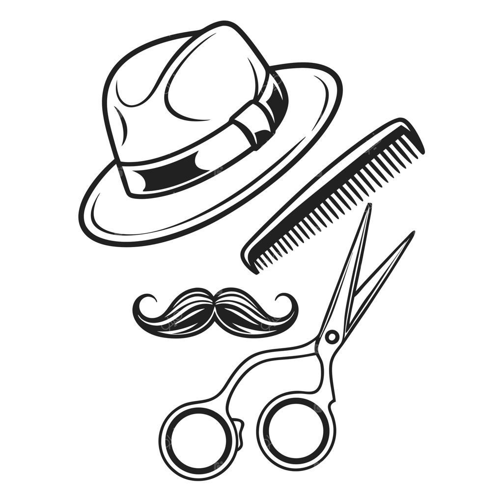 گرافیک عناصر آرایشگاه کلاسیک همراه با کلاه، شانه، قیچی و سبیل