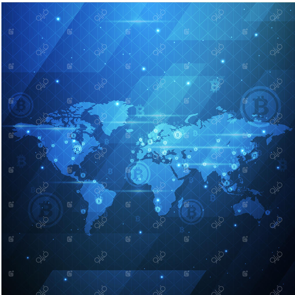 تصویرسازی فناوری ارز دیجیتال بیت‌کوین با نقشه جهان در پس‌زمینه