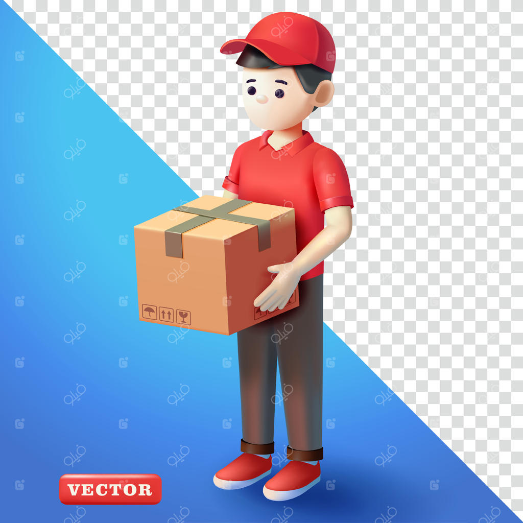 مردی در حال تحویل بسته‌ها، سه‌بعدی. مناسب برای طراحی کسب‌وکار و عناصر گرافیکی
