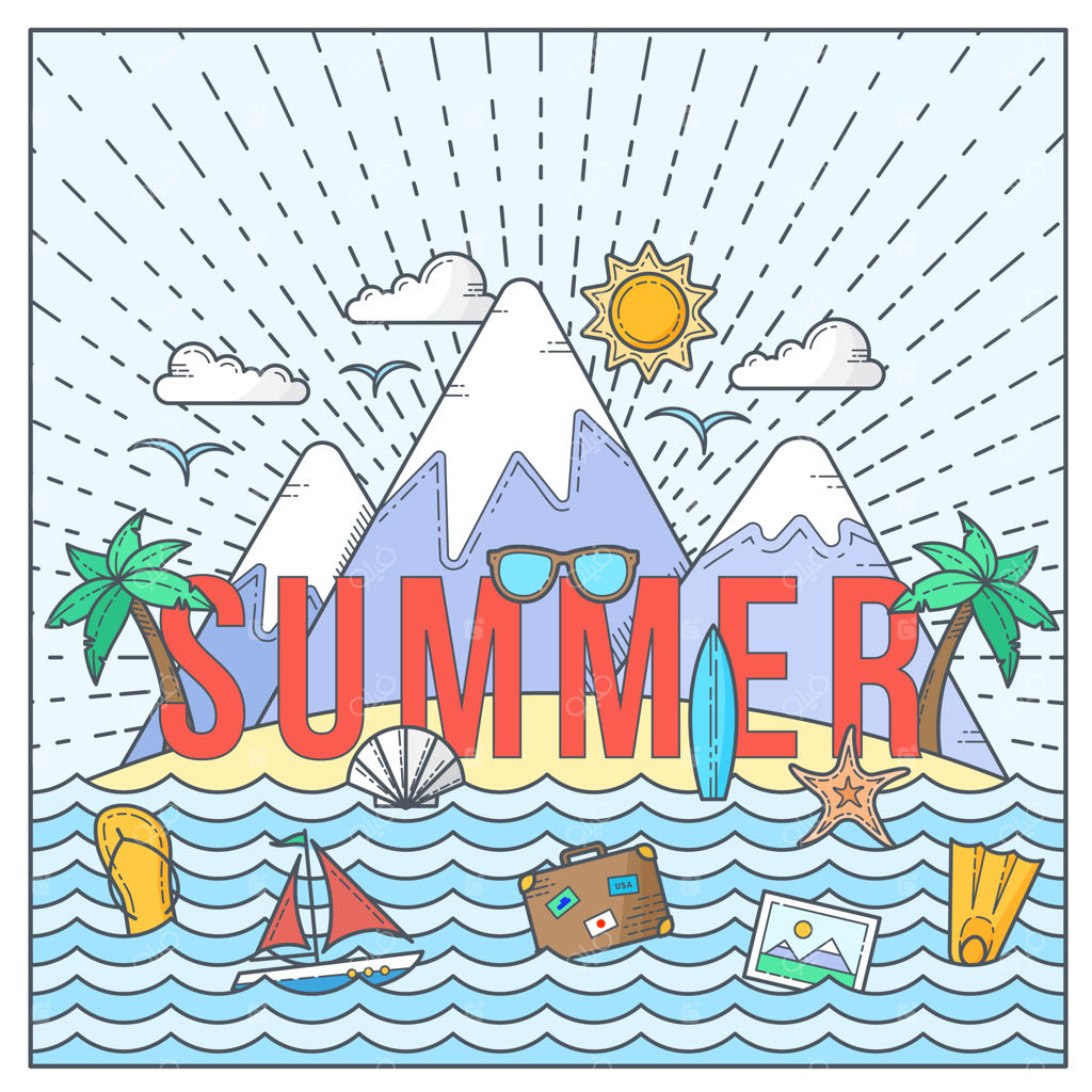 کارت یا تصویر تابستانی تخت با وکتور رنگی: جزیره، اقیانوس، کوه‌ها، نخل‌ها، صدف، قایق تفریحی و نمادهای سفر به صورت مجزا