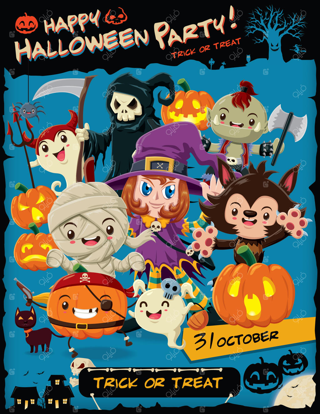 مجموعه طراحی پوستر هالووین کلاسیک با طرح جادوگر، مومیایی، گرگینه، روح، فرشته مرگ و زامبی وکتور