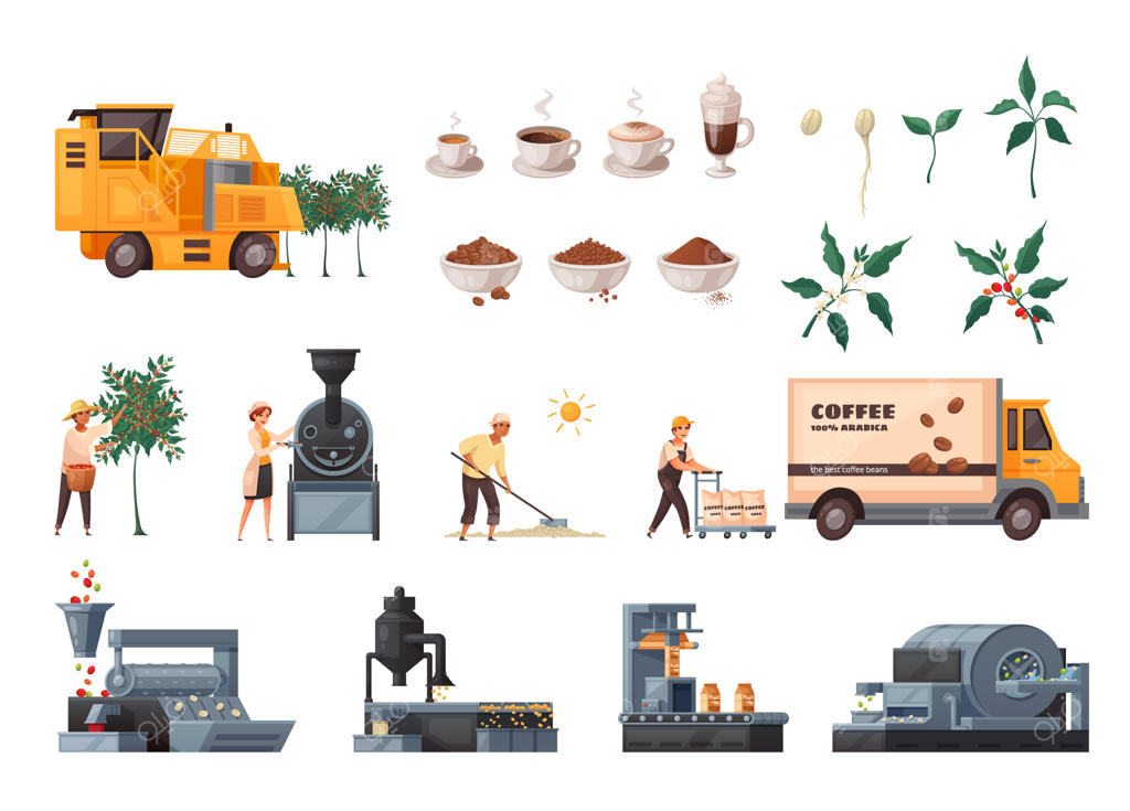 مجموعه کارتون تولید قهوه با نمادهای تجهیزات صنعتی - تصویرسازی برداری ایزوله شده