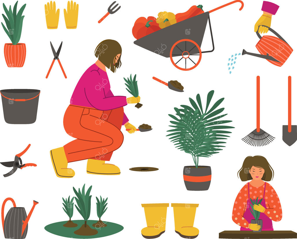 مجموعه‌ای از ابزار و تجهیزات باغبانی با دختران باغبان در سبک دستی و بامزه