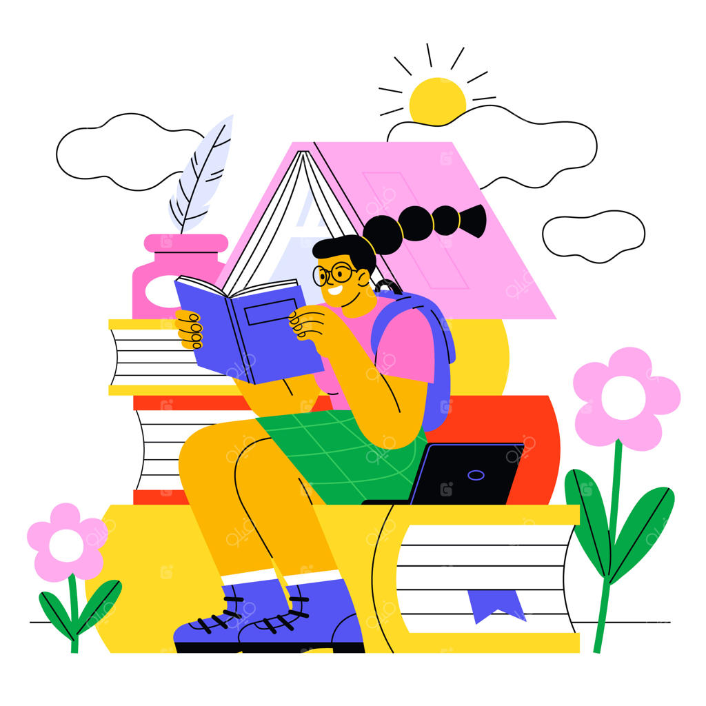 دانش‌آموز غرق در کتاب، محصور در دنیای دانش و خلاقیت