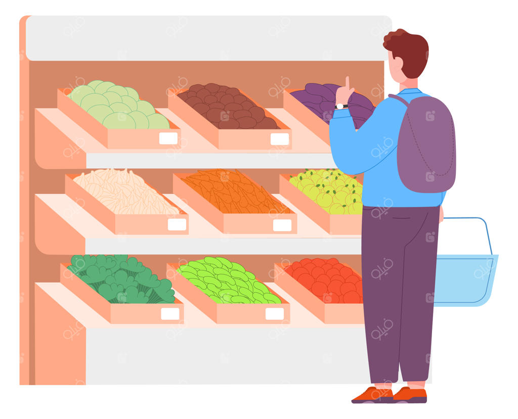 مردی در حال خرید سبزیجات از قفسه‌های چوبی فروشگاه مواد غذایی است